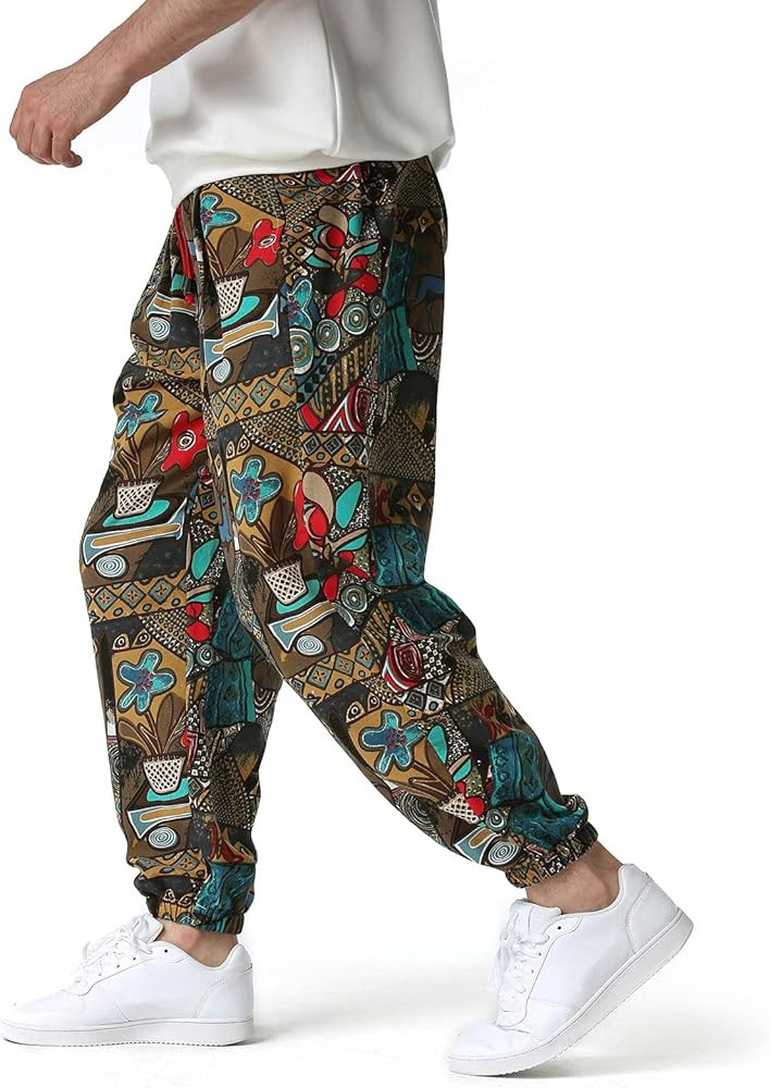 Mens Cotton 3D Printed Tracksuit Bottoms Elasticated Waist Hippie Bloomers Cargo Trousers Lounge Pants Beach Walking Running Jogging Sweatpants