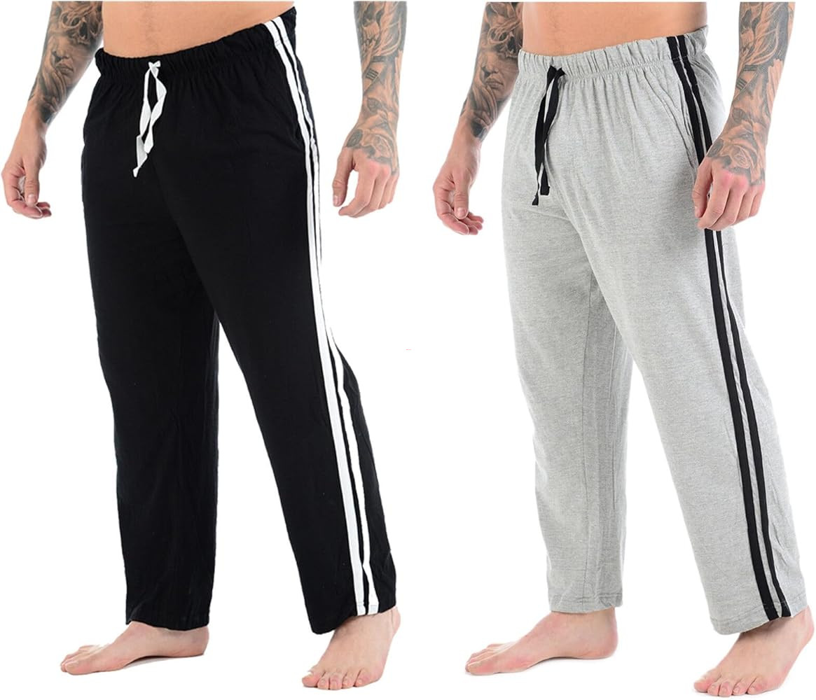 Mens Lounge Pants Plain Nightwear Elasticated Waist Striped Jog Jogging Tracksuit Bottoms Poly Cotton Pyjama Pjs Joggers Sleepwear Casual Gym Lightweight Loungewear